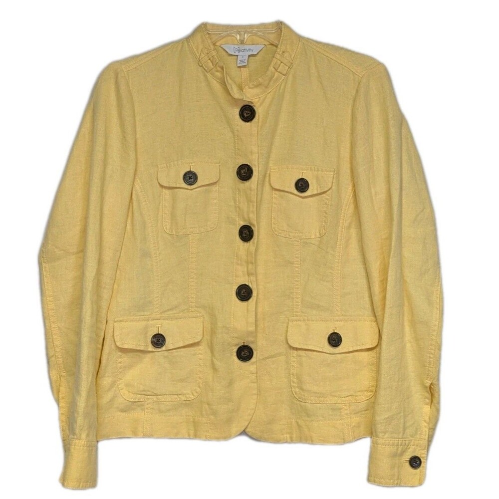 Relativity Womens Button Up Linen Jacket Yellow Small